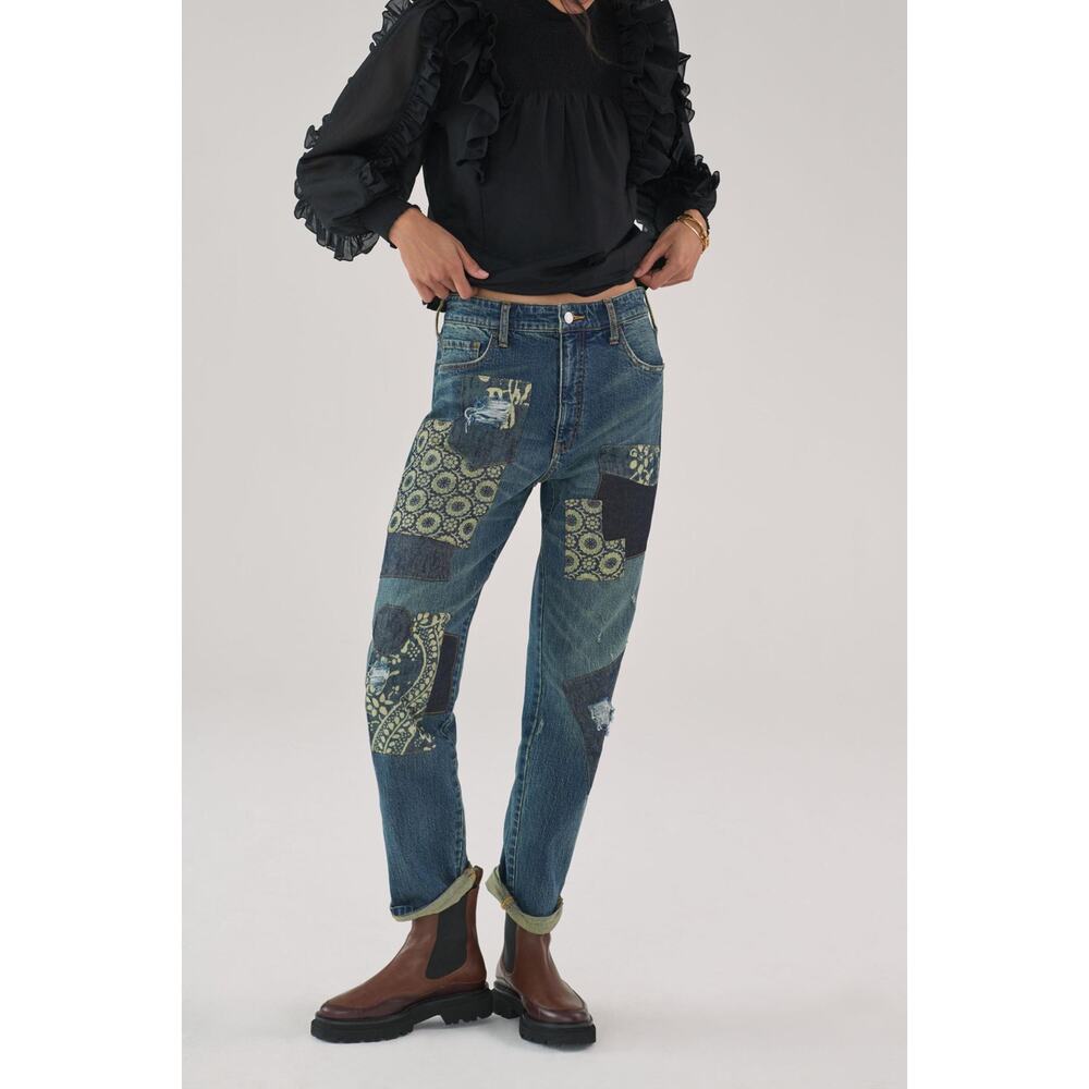 Anthropologie Pilcro The Borrowed Boyfriend Patchwork Denim Blue Jeans Size 25